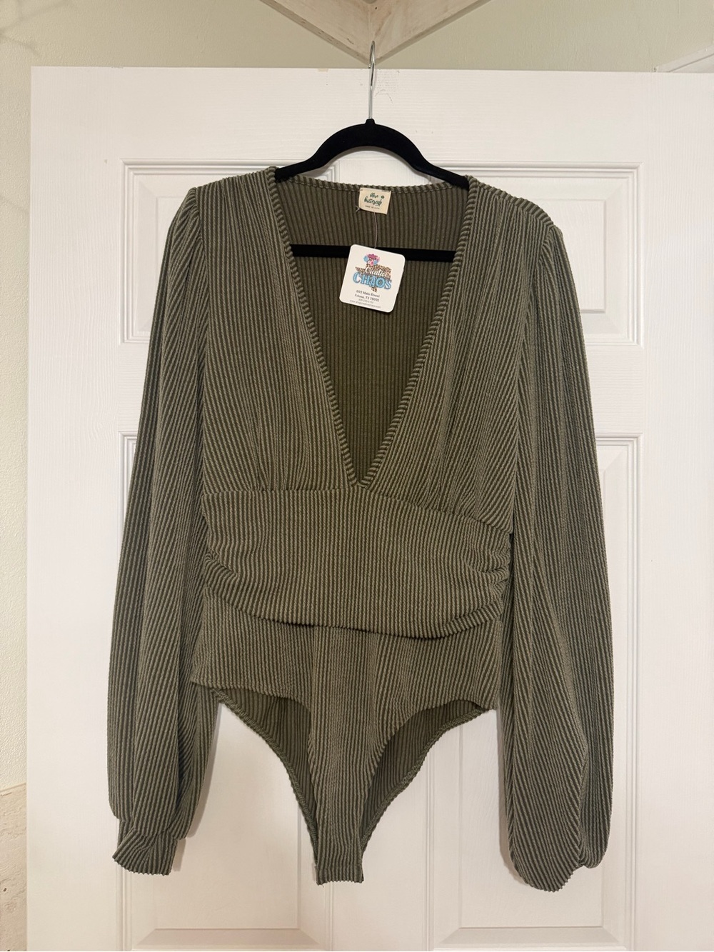 Blue Buttercup Olive Green Ribbed Deep V-Neck Long Sleeve Bodysuit